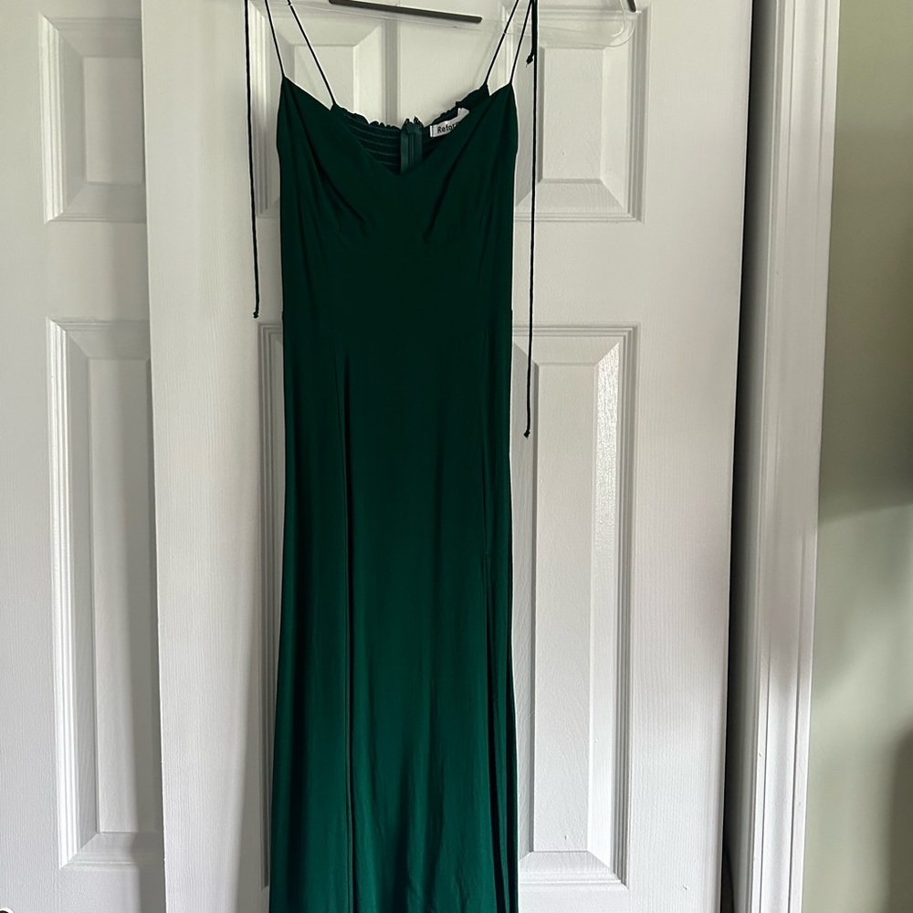 Reformation Green Pleated Midi Sundress w High Slit and Adjustable Straps